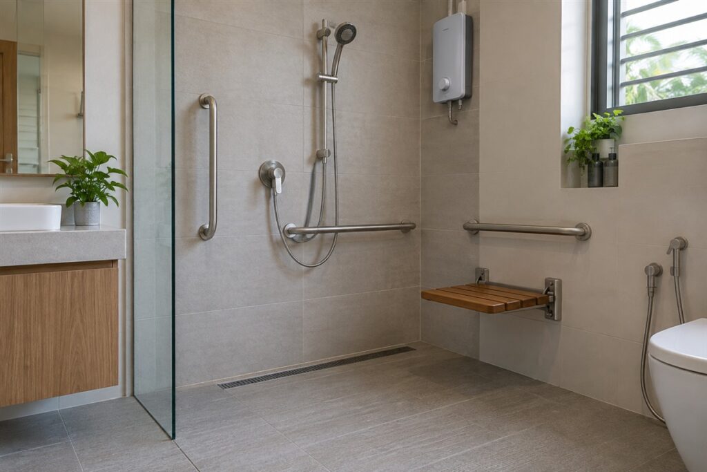 Safe shower corner with grab bars and a fold down seat for ageing parents