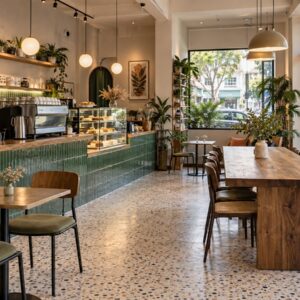 Warm cafe interior design with a tiled counter and mixed seating