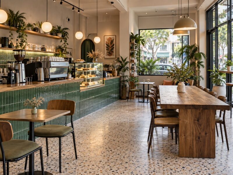Warm cafe interior design with a tiled counter and mixed seating