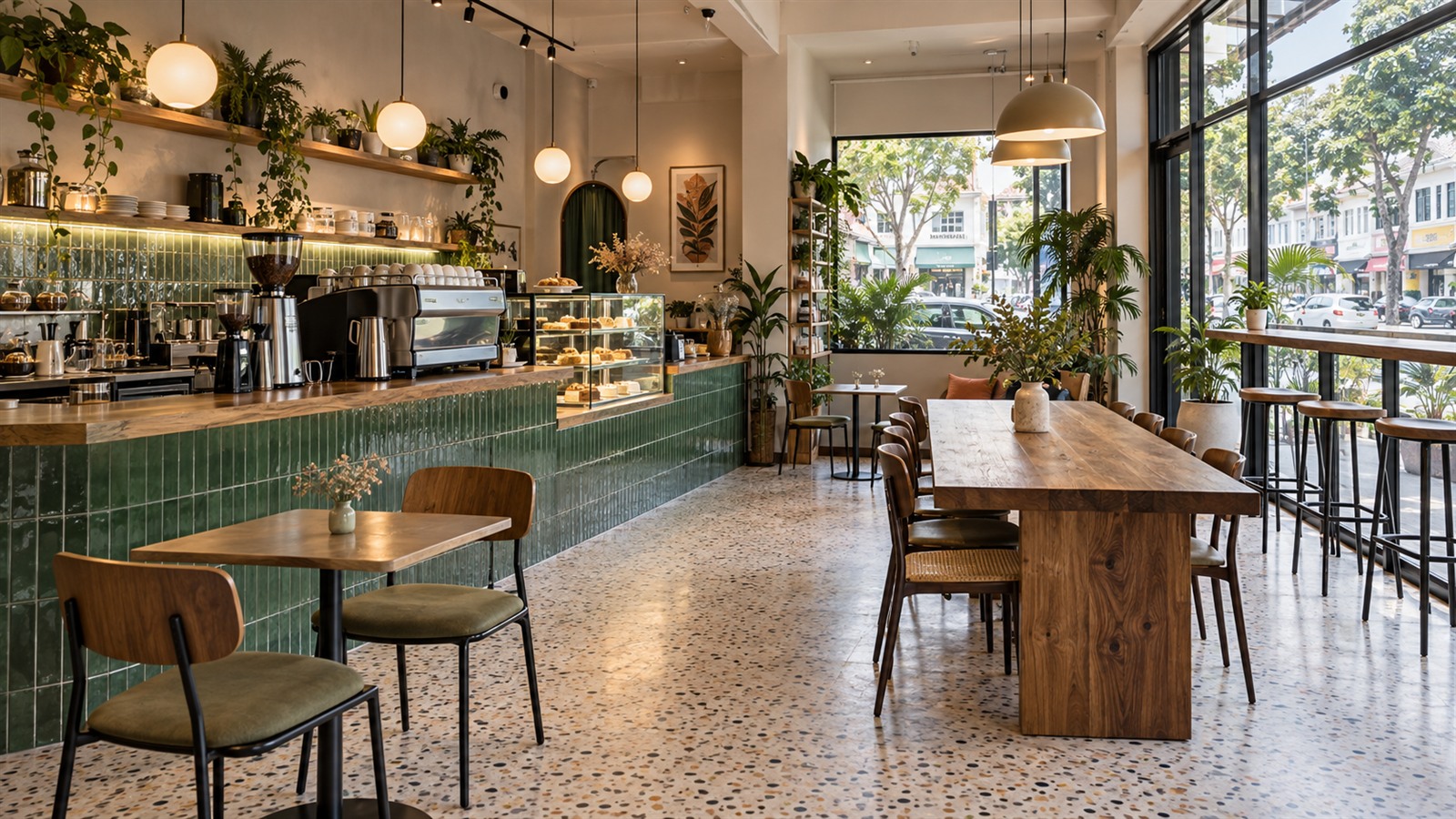 Warm cafe interior design with a tiled counter and mixed seating