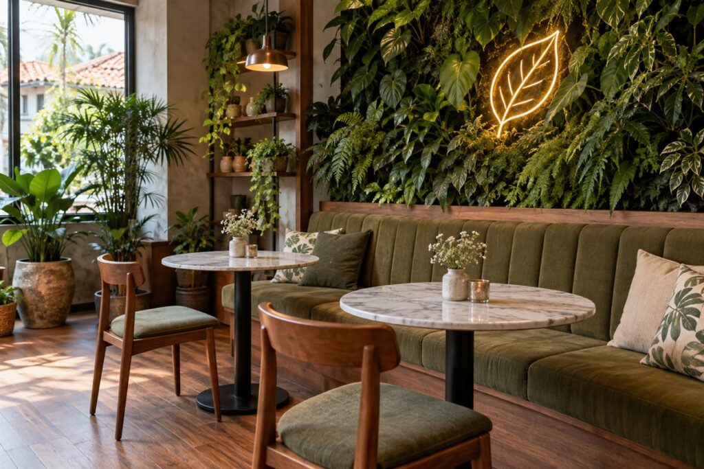 Banquette seating and plant feature wall as a cafe interior design photo spot