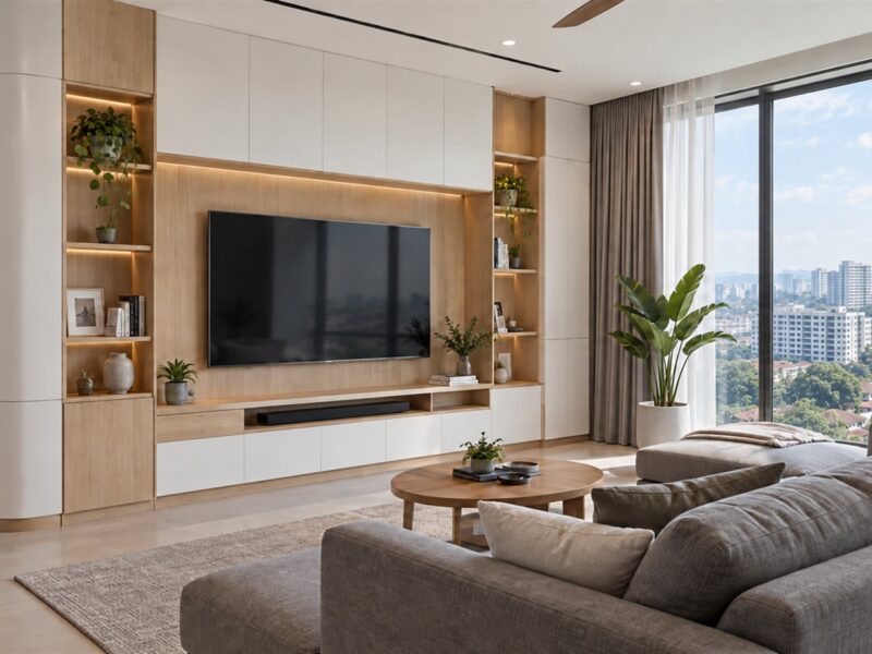 Custom TV wall made by a furniture designer in Malaysia for a condo living room