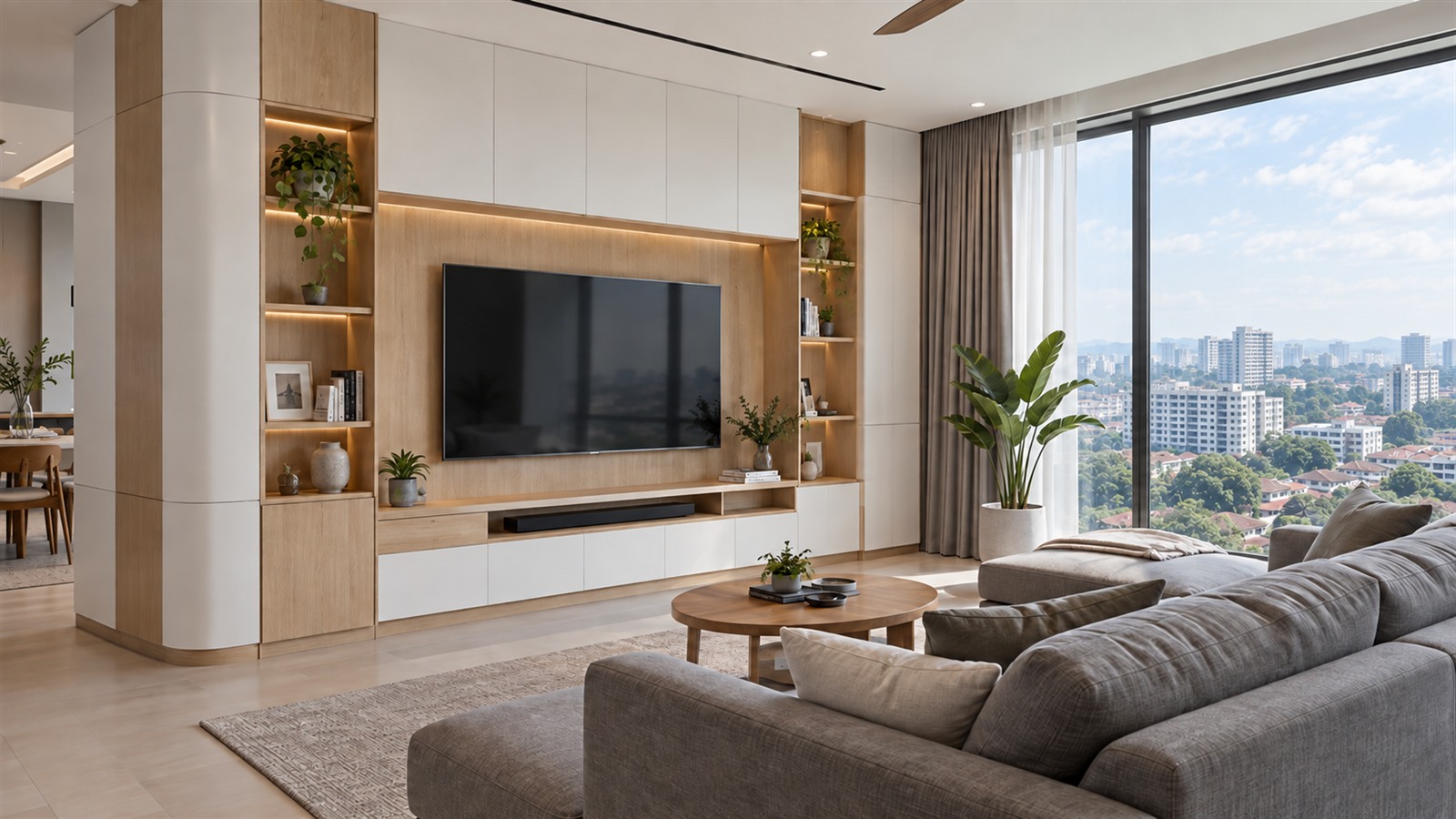Custom TV wall made by a furniture designer in Malaysia for a condo living room