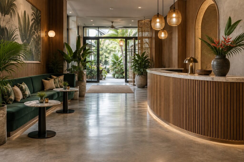 Custom reception counter and banquette seating in a Malaysian hotel lobby