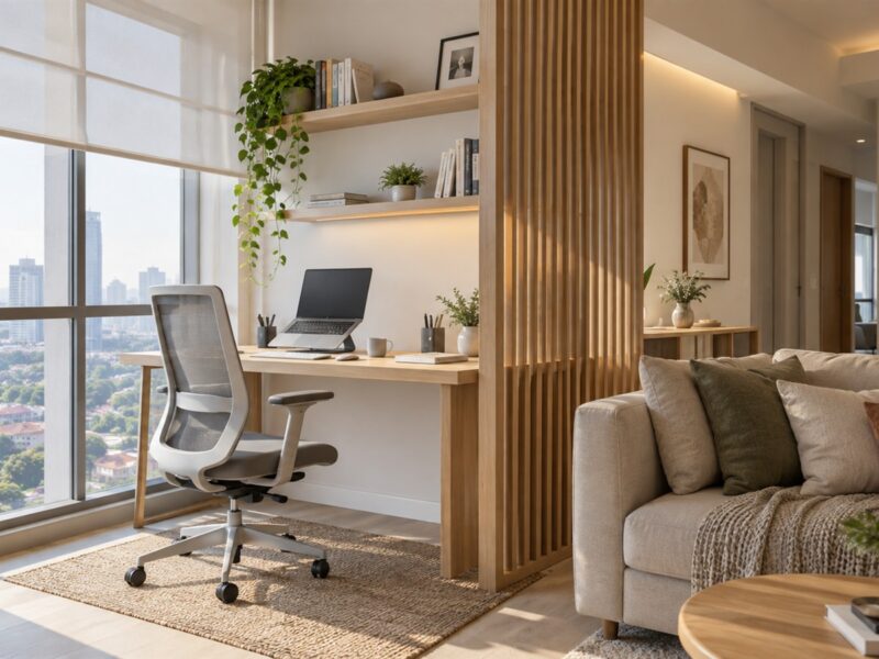 Home office design in a small condo corner with a desk beside a window