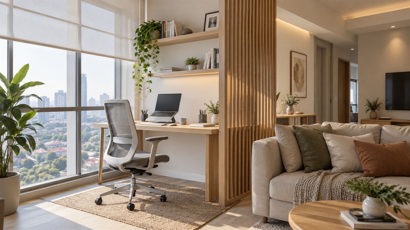 Home office design in a small condo corner with a desk beside a window