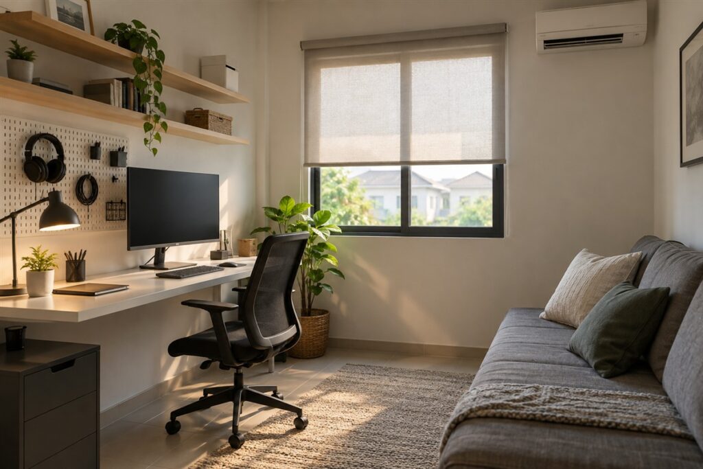 Spare bedroom home office with a wall mounted desk and open shelves