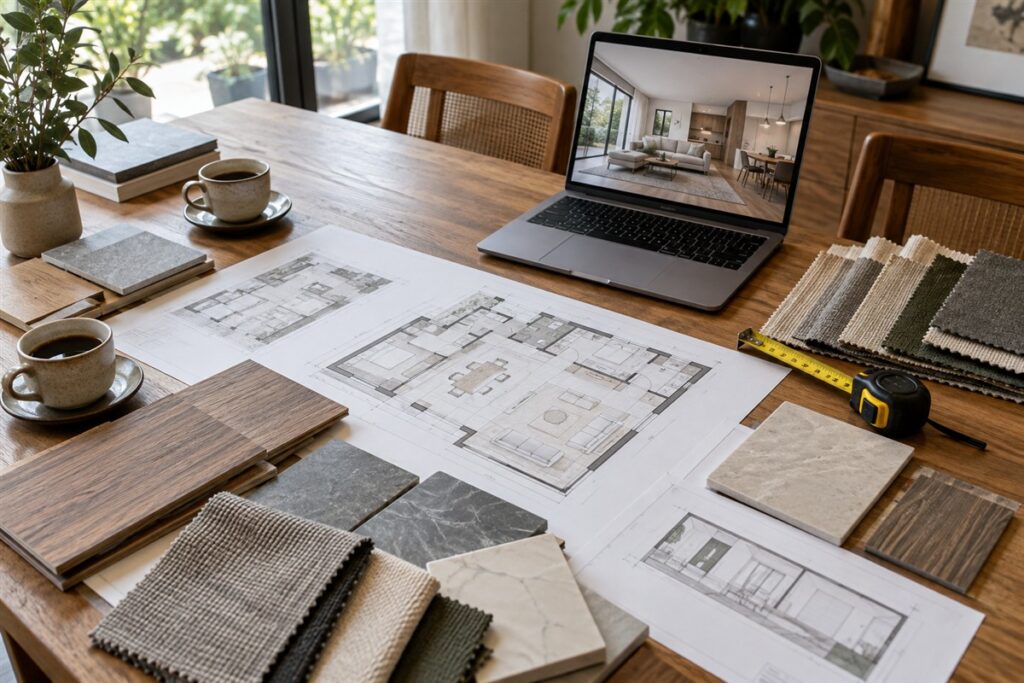 Floor plans and material samples for meeting an interior designer in Malaysia