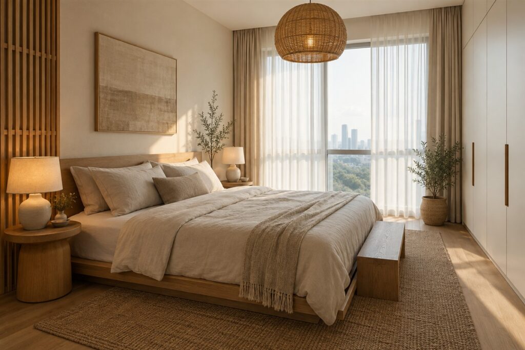 Japandi bedroom with a low wooden bed and linen bedding