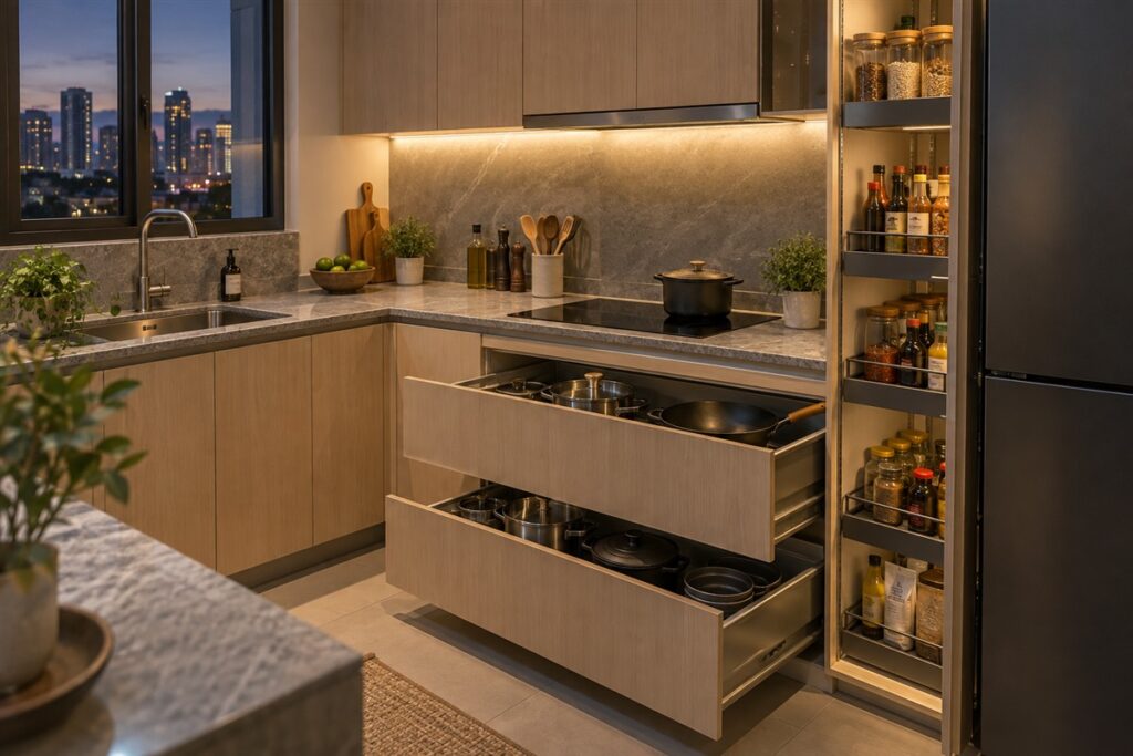 L-shaped kitchen with deep drawers and a tall pantry unit