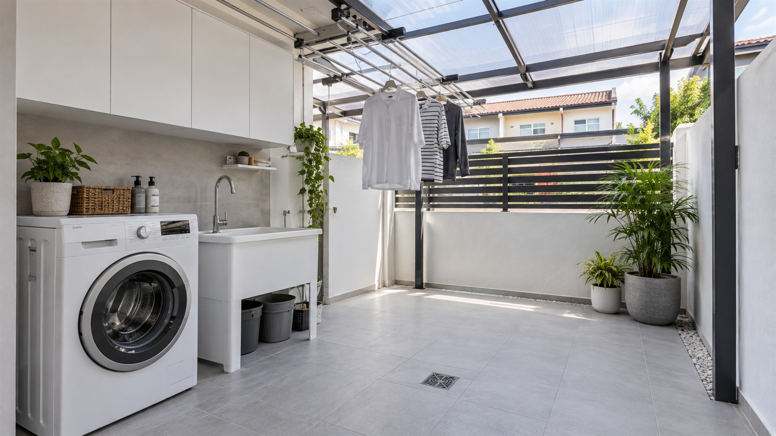 Covered yard with laundry room ideas for a Malaysian terrace house