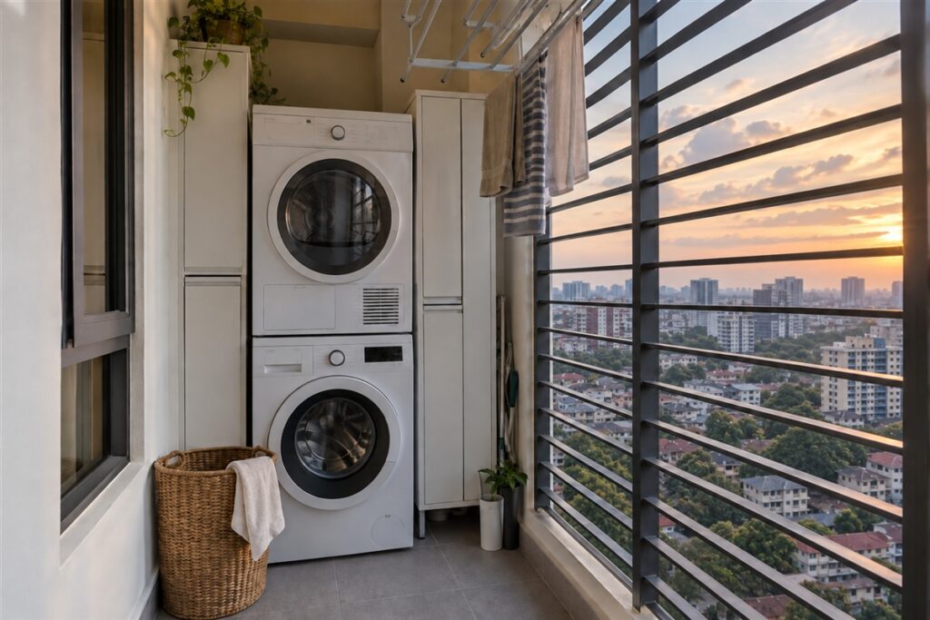 Stacked washer and dryer on a condo service balcony