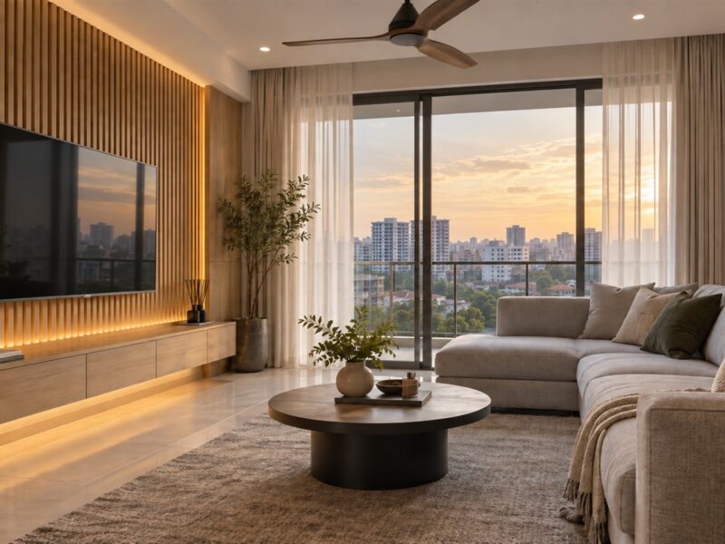 Living room design in Malaysia with a timber TV wall and grey L-shaped sofa