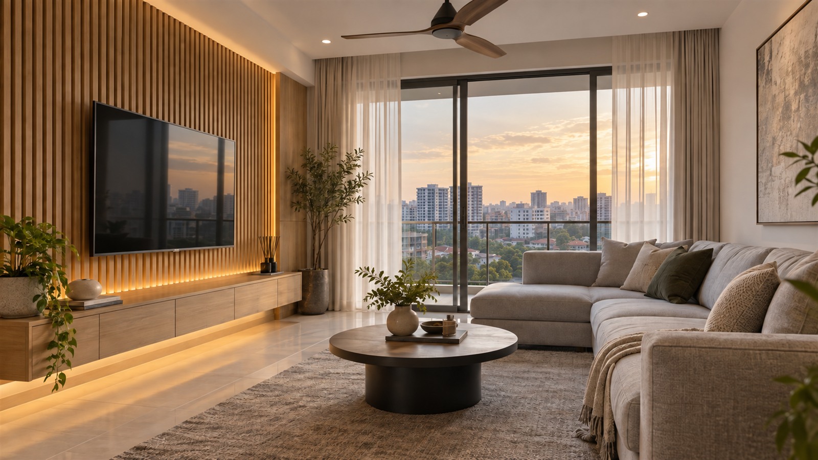 Living room design in Malaysia with a timber TV wall and grey L-shaped sofa
