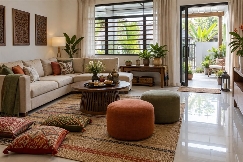 Terrace house living room with floor cushions and bench seating for festive guests