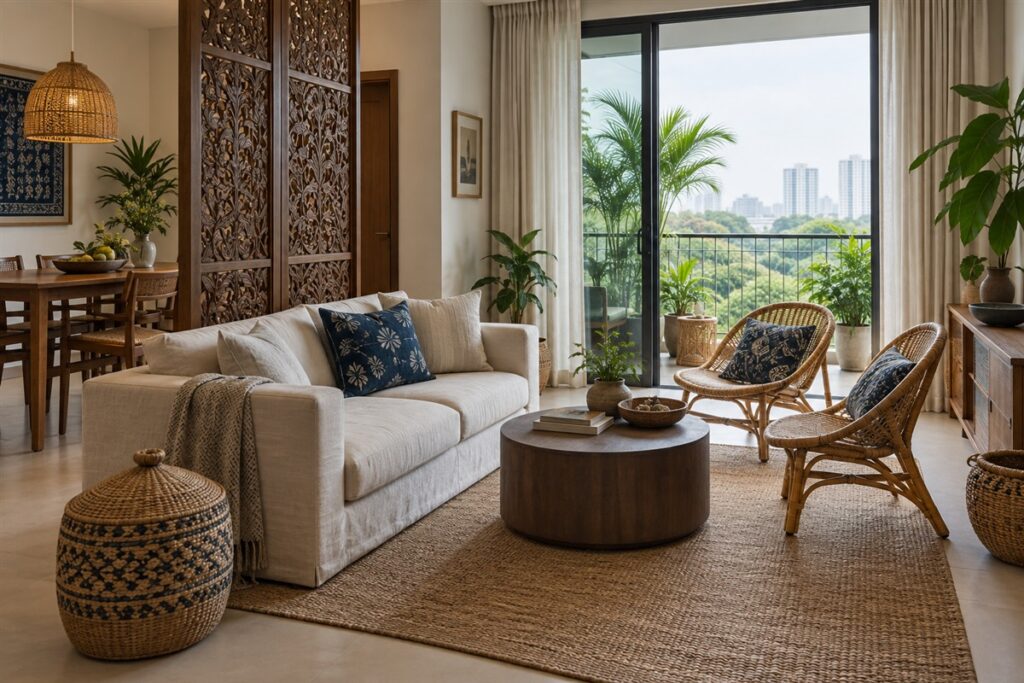 Malaysian interior design in a condo with a carved screen and batik cushion