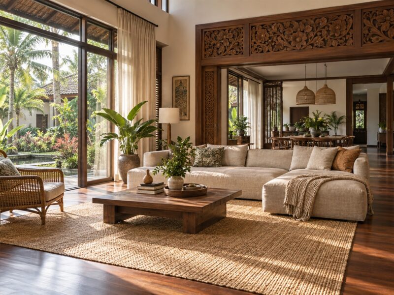 Malay interior design in a modern living room with a carved timber panel and rattan chair