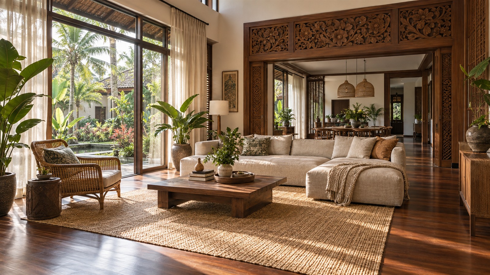Malay interior design in a modern living room with a carved timber panel and rattan chair