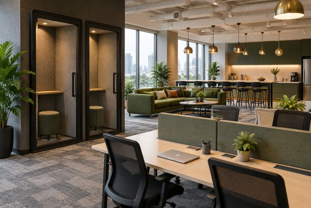 Phone booths and breakout area in an office interior design malaysia project