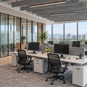 Hybrid office with hot desks and glass meeting rooms designed by office interior designers