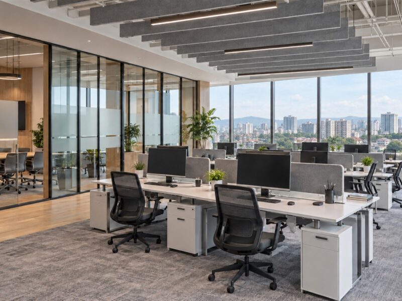 Hybrid office with hot desks and glass meeting rooms designed by office interior designers