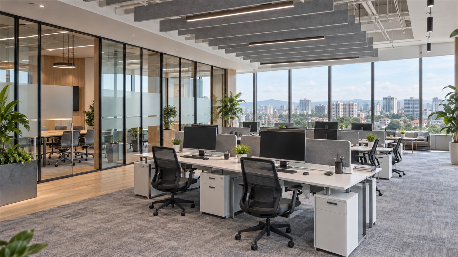 Hybrid office with hot desks and glass meeting rooms designed by office interior designers