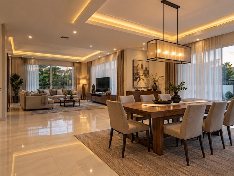 Plaster ceiling design with cove lighting and a drop ceiling over the dining table