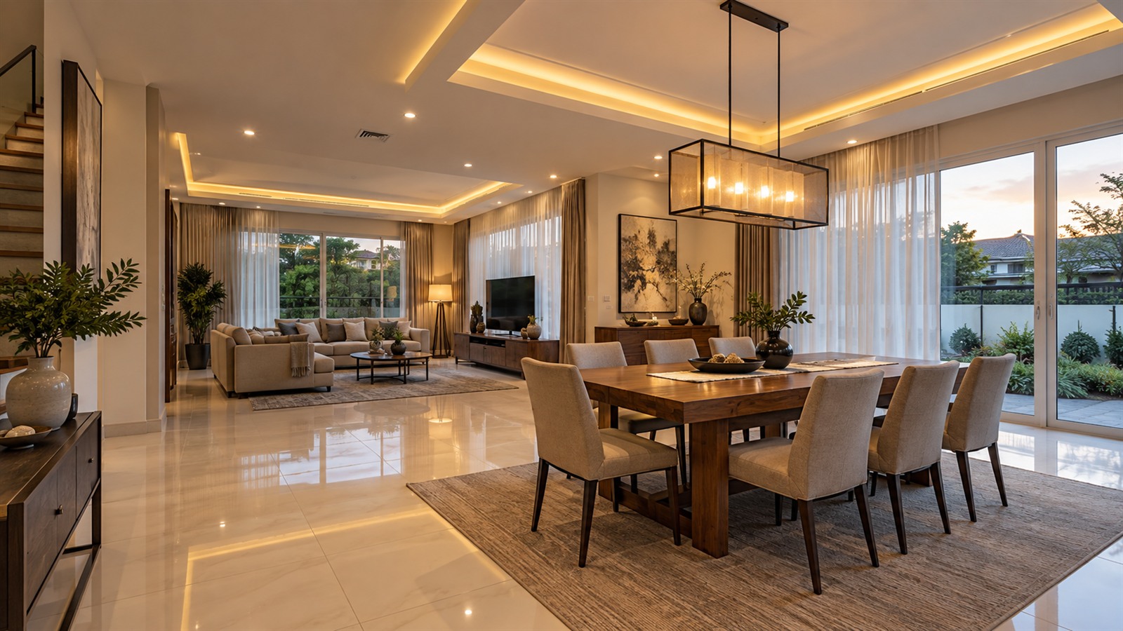 Plaster ceiling design with cove lighting and a drop ceiling over the dining table
