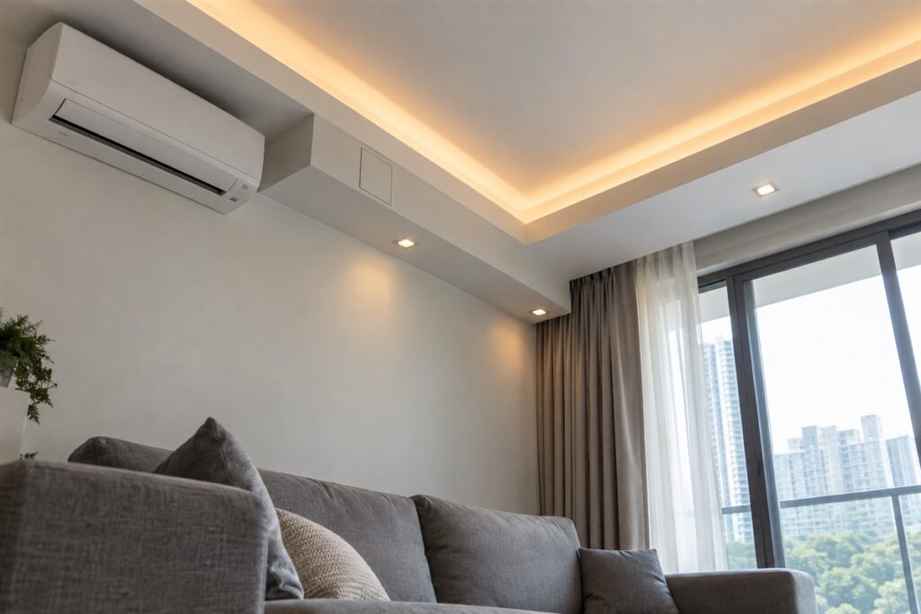 L box plaster ceiling design with cove lighting and a bulkhead hiding aircond pipes