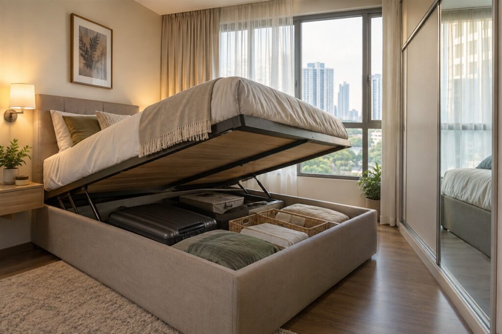 Small condo bedroom with a lift up storage bed and mirrored wardrobe