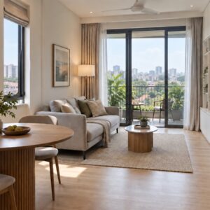 Small condo interior design with a compact sofa and built-in shelves