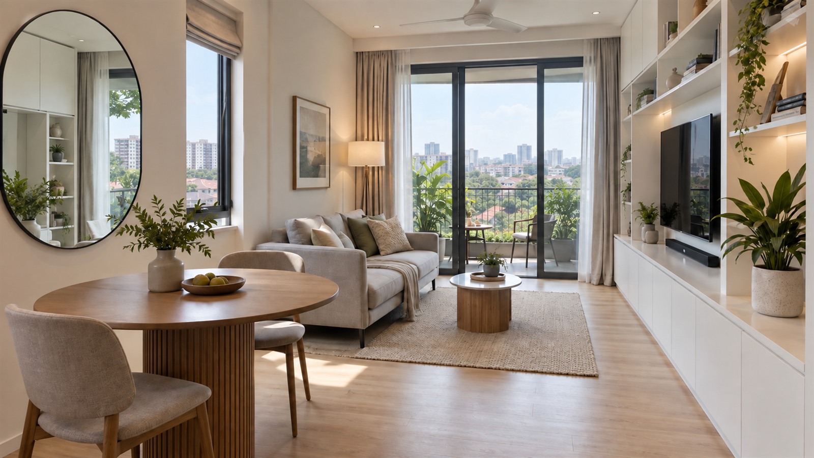 Small condo interior design with a compact sofa and built-in shelves
