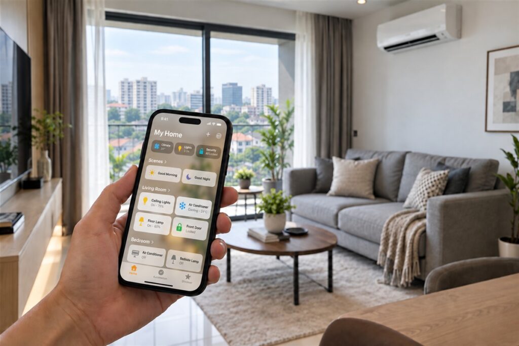 Phone app controlling lights and aircond in a smart home