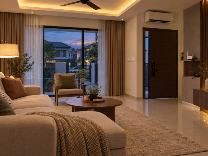 Smart home Malaysia living room with smart lighting and a digital door lock