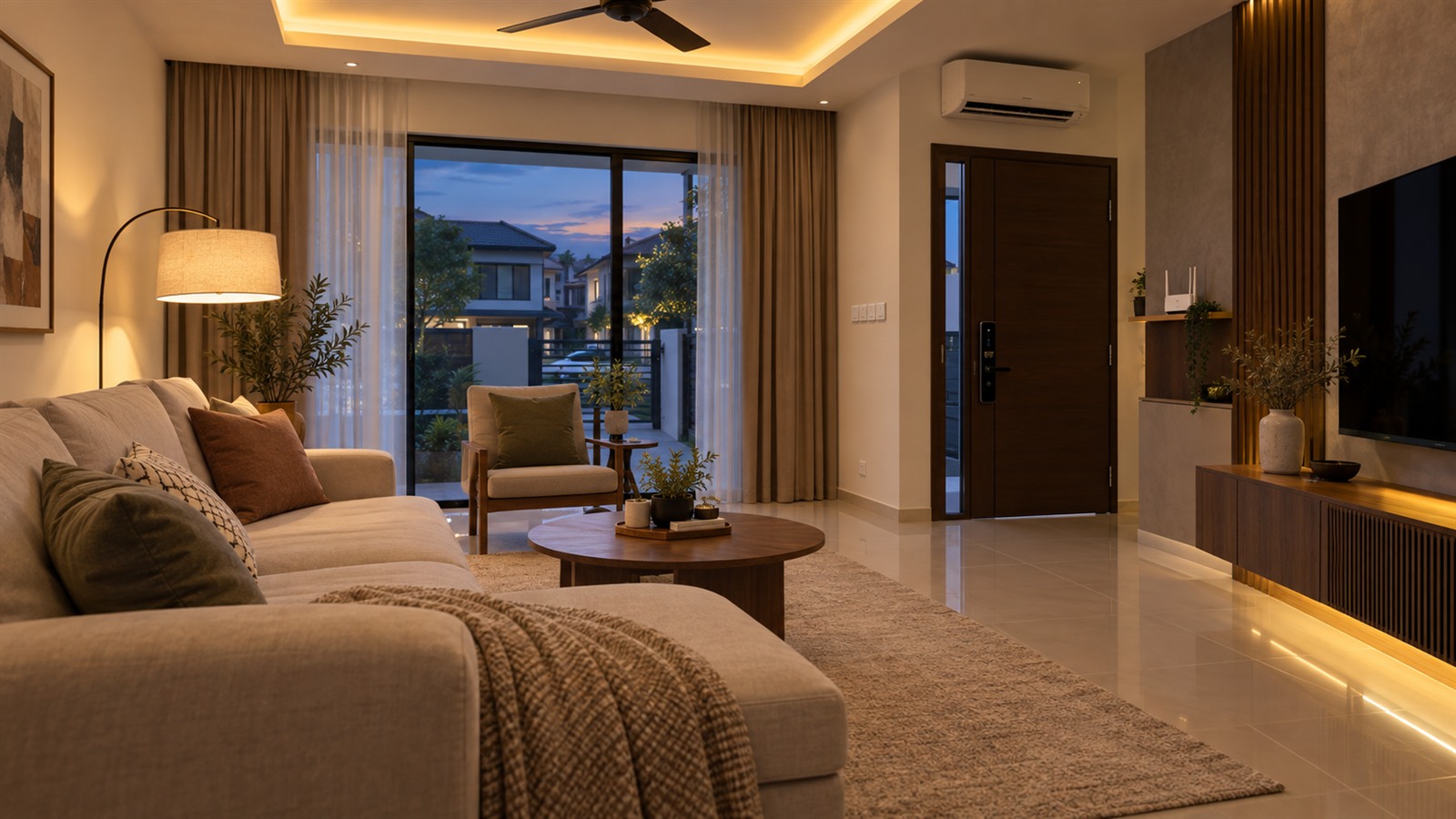 Smart home Malaysia living room with smart lighting and a digital door lock