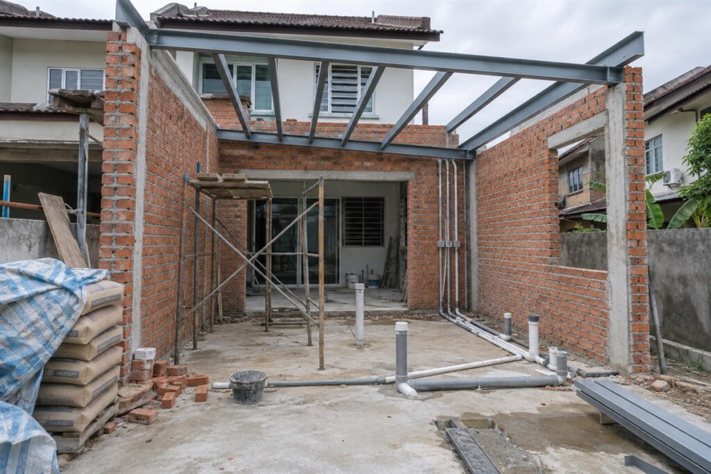Terrace house renovation site with a kitchen extension being built