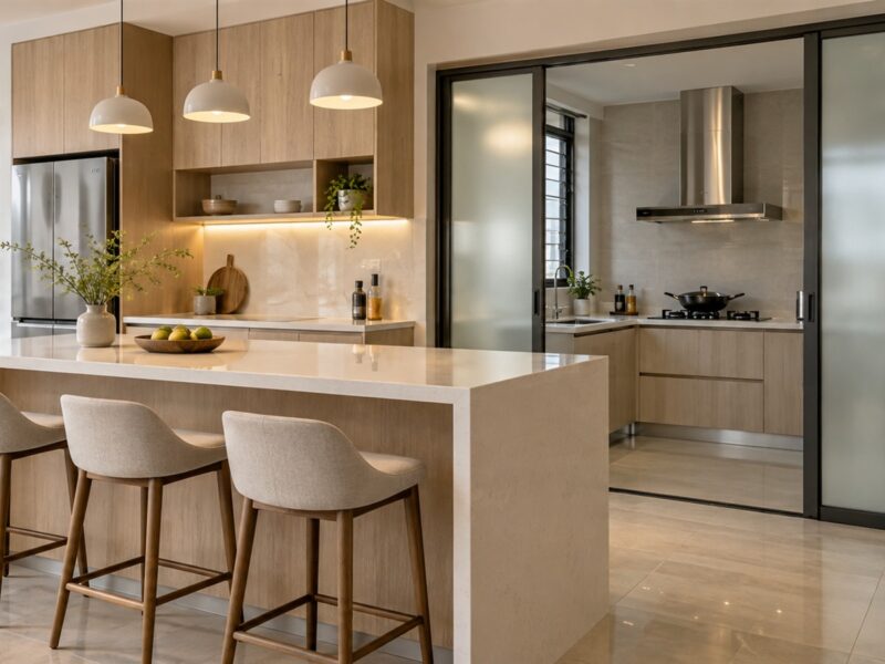 Open dry kitchen with an island and a glass door leading to the wet kitchen
