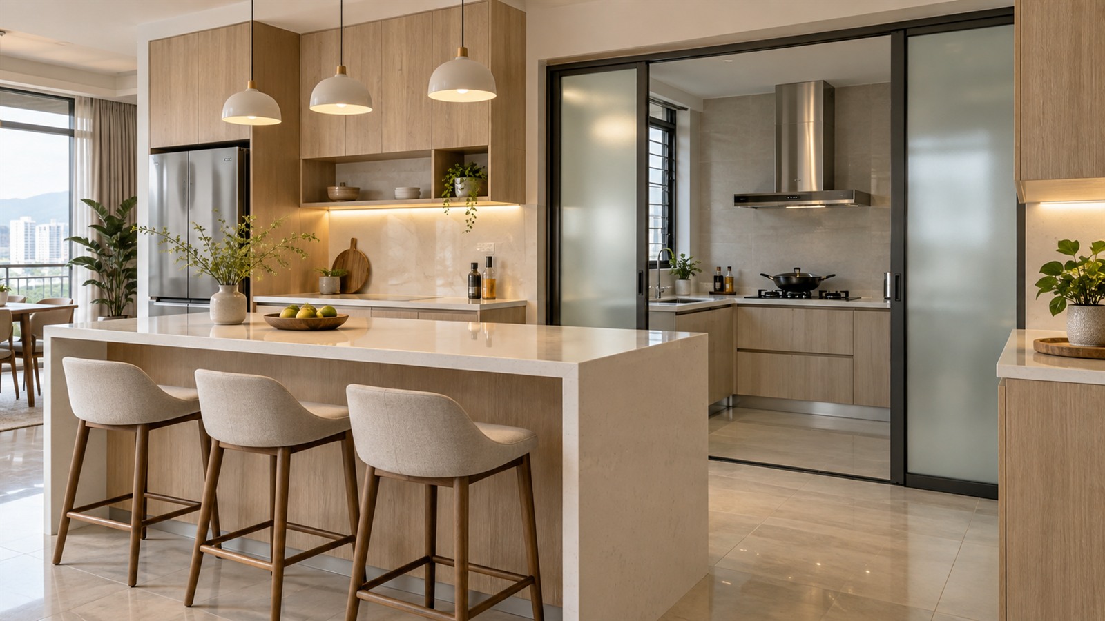 Open dry kitchen with an island and a glass door leading to the wet kitchen