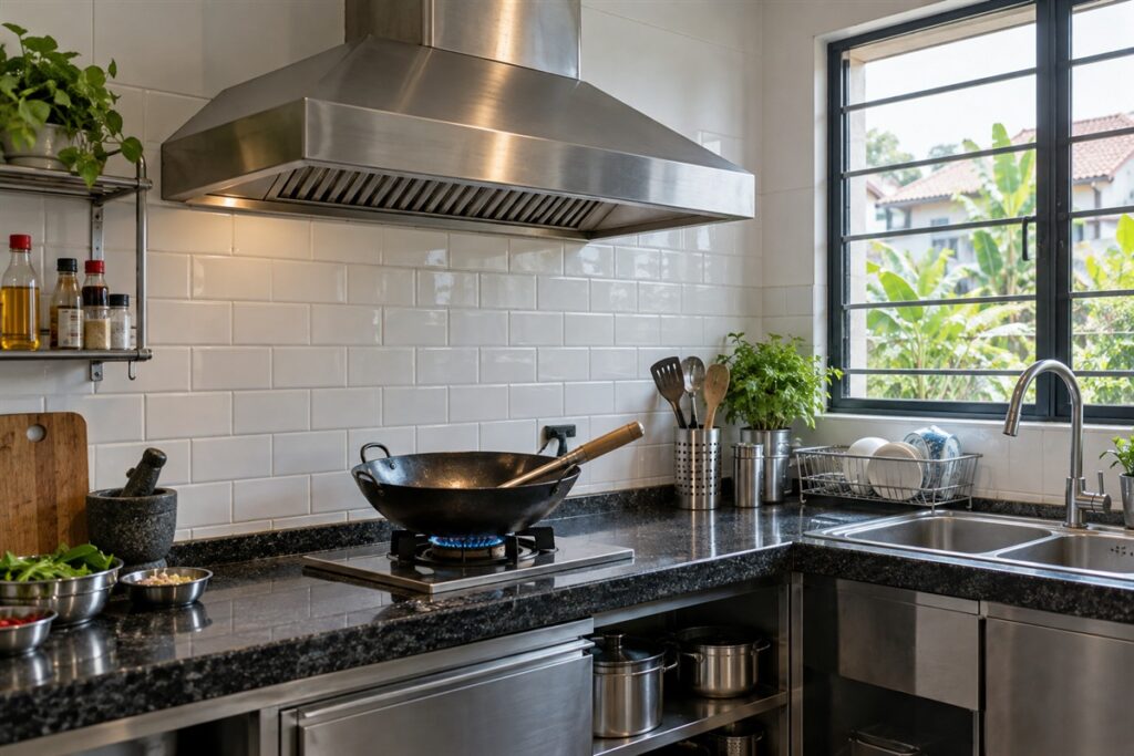 Wet kitchen with a wok burner, granite counter and ducted cooker hood