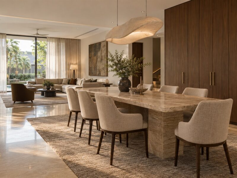 Living and dining room planned by a luxury interior designer with layered lighting