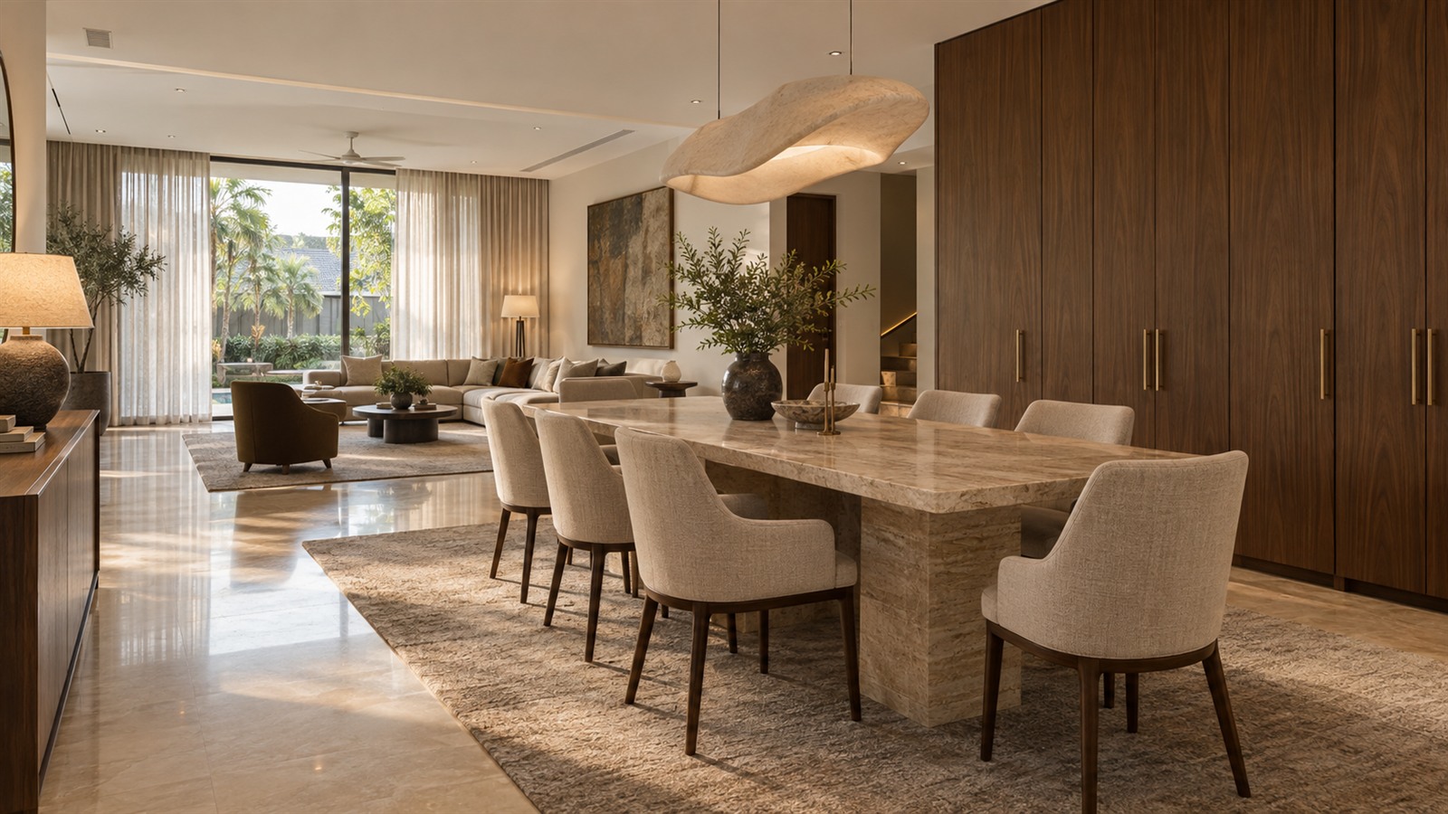 Living and dining room planned by a luxury interior designer with layered lighting