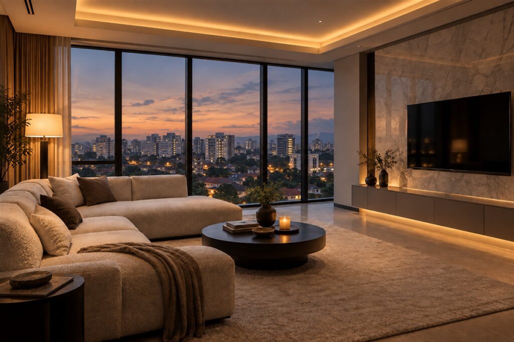Luxury interior with warm cove lighting and a marble feature wall