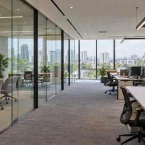 Office with frameless glass partition meeting rooms and daylight