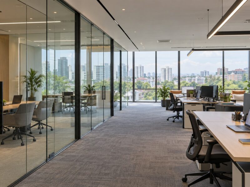 Office with frameless glass partition meeting rooms and daylight