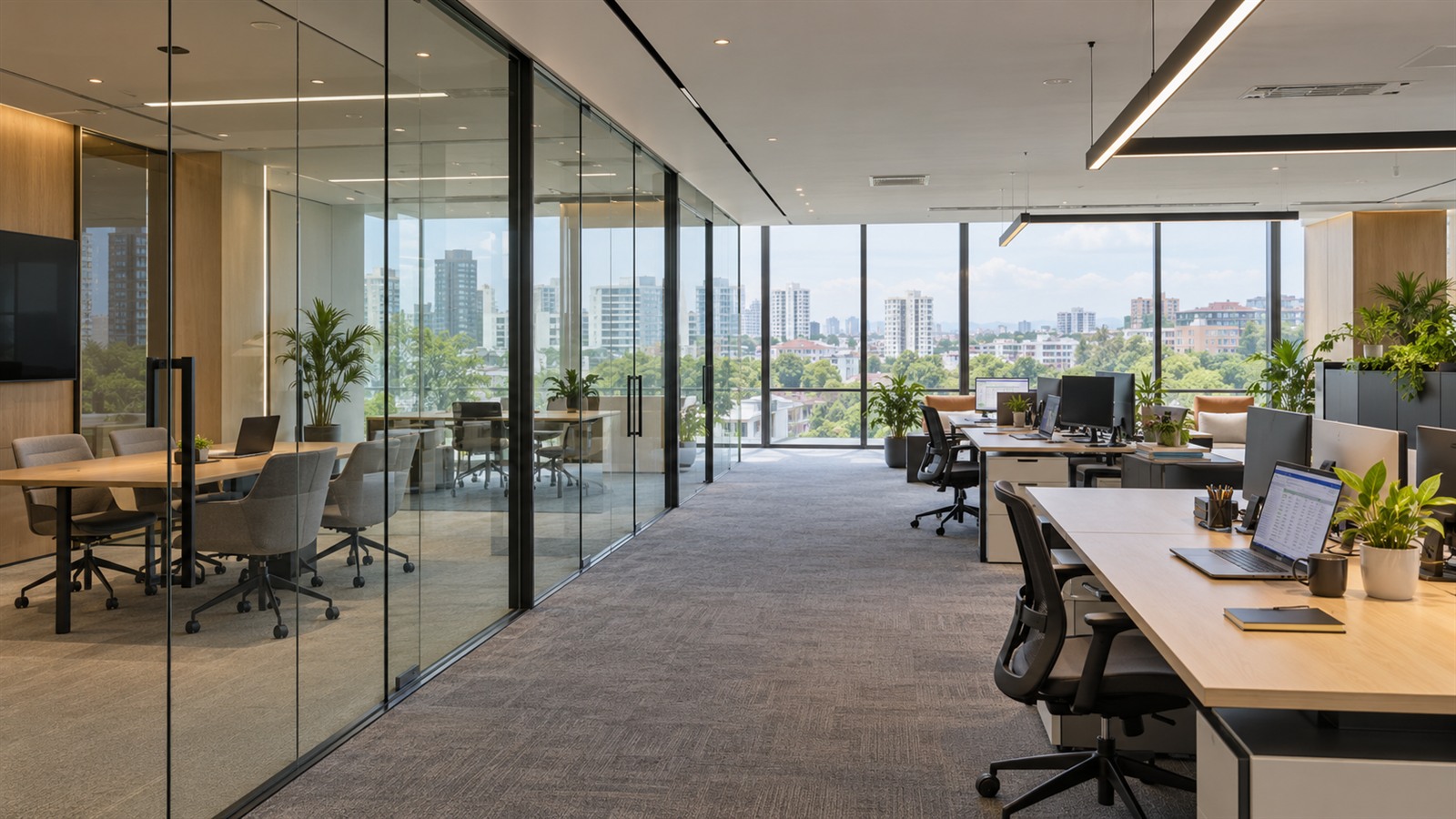 Office with frameless glass partition meeting rooms and daylight