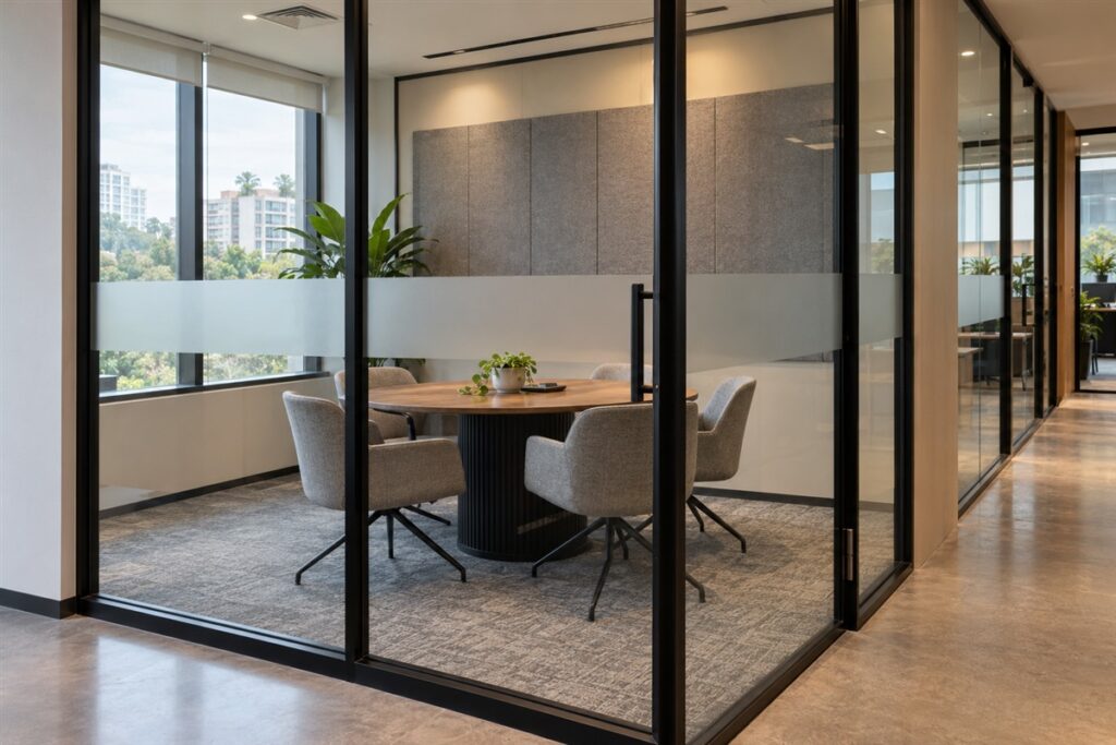 Black framed glass partition with a frosted glass band for privacy