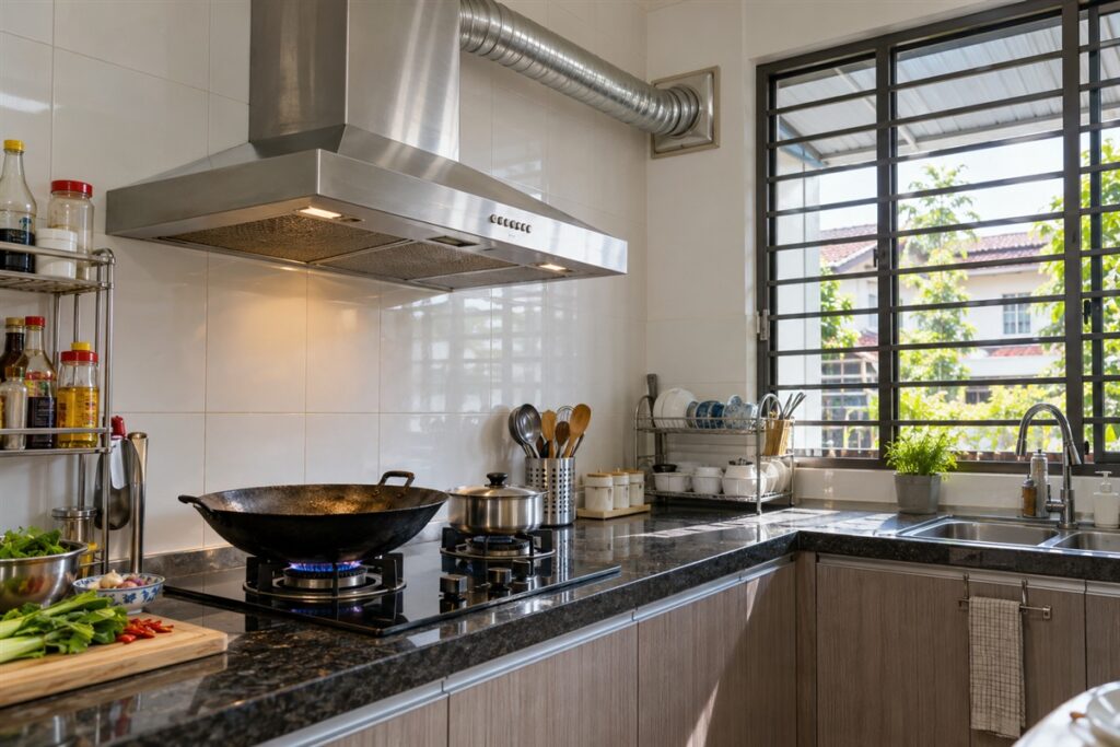 Ducted cooker hood in a wet kitchen venting through the outside wall