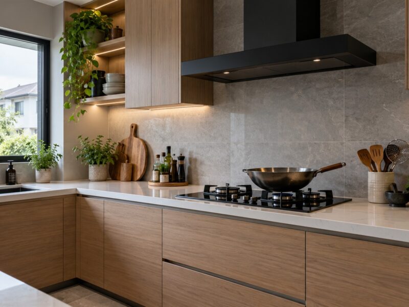Kitchen hood in a Malaysian kitchen above a gas hob with a wok