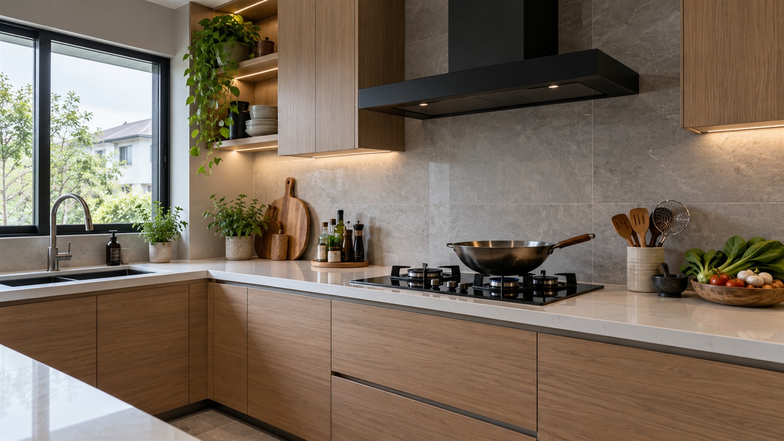 Kitchen hood in a Malaysian kitchen above a gas hob with a wok