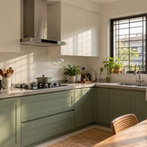 Finished kitchen renovation in a Malaysian terrace house with new cabinets and hood